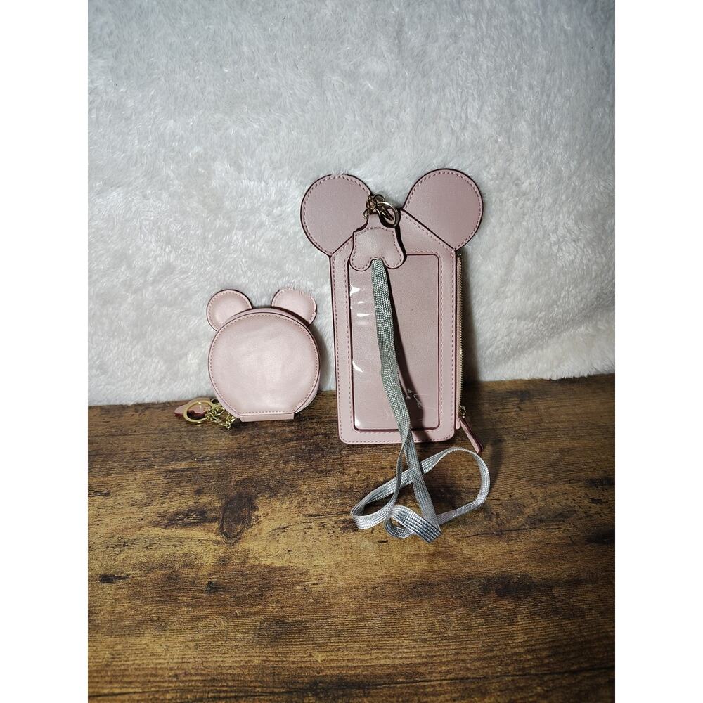 2 Pc Pink Mouse Ear Wallet Wristlet & Coin Purse Keychain Set